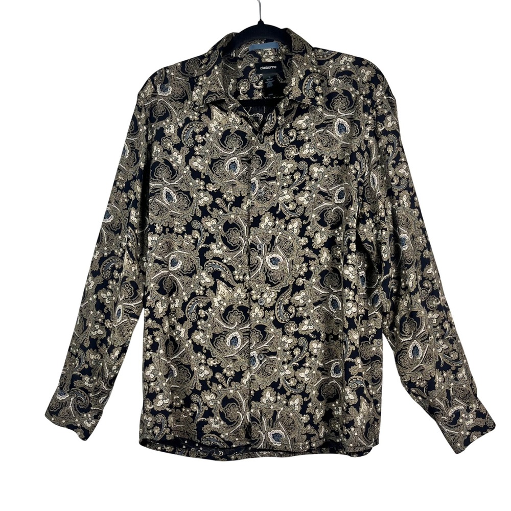 Claiborne Button Down‎ Shirt Womens Black Tan Excellent Paisley Rayon Size  M